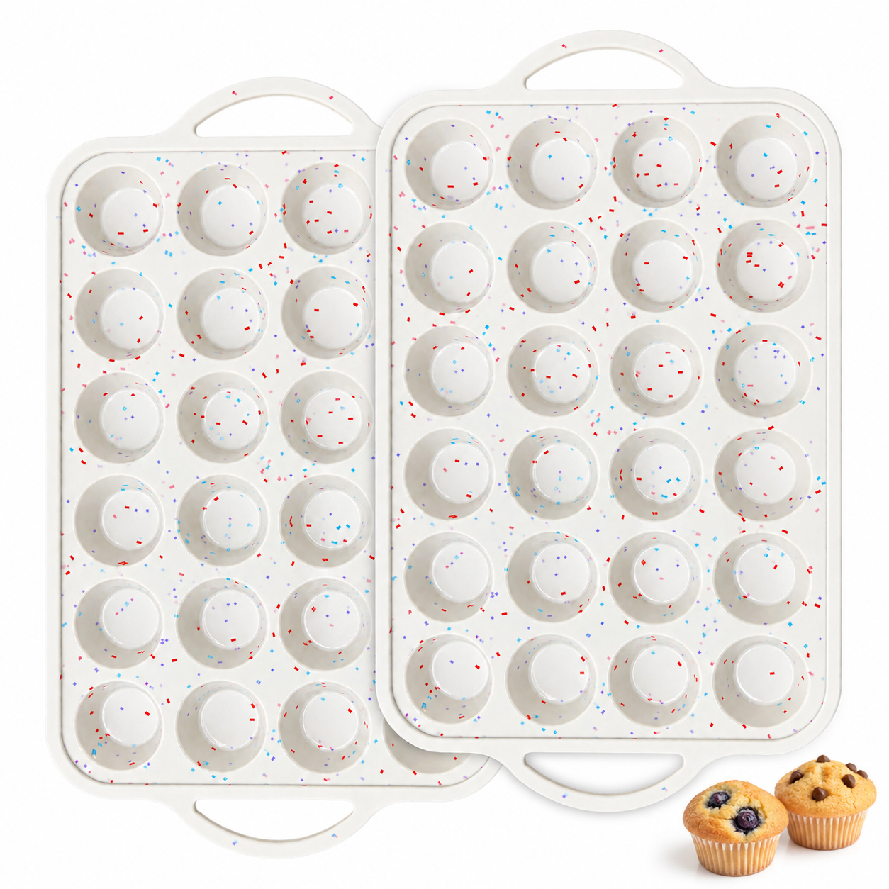 VIVTROVK Silicone Mini Muffin Pans 2 Pack, 24-Cup Metal Frame Easy Release Baking Pans for Cupcakes