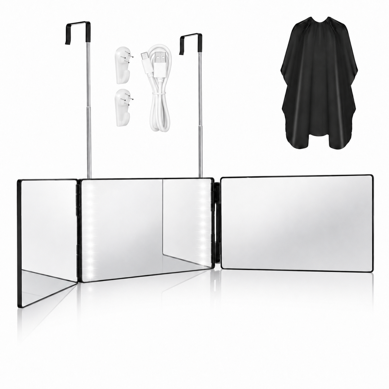 VIVTROVK 3-Way LED Self Hair Cutting Mirror, Height Adjustable Telescopic Hooks, 360 View for Back of Head, Portable Barber Mirror for Men Home Use