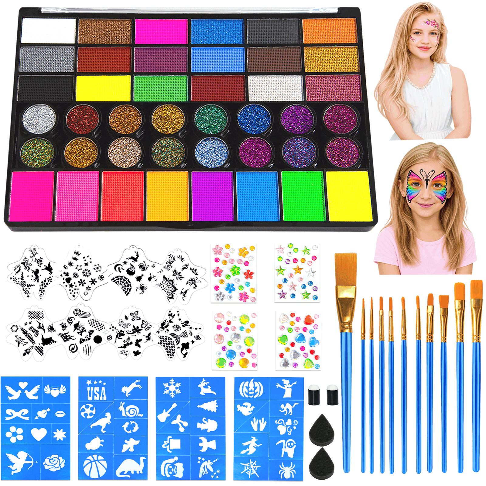 VIVTROVK 42 Colors Face Painting Kits, Water Based Face Painting Kits Includes Brushes, Stencils and Gems